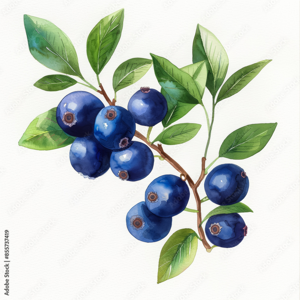 A detailed watercolor illustration of ripe blueberries on a branch, representing a fresh summer harvest and healthy eating concept