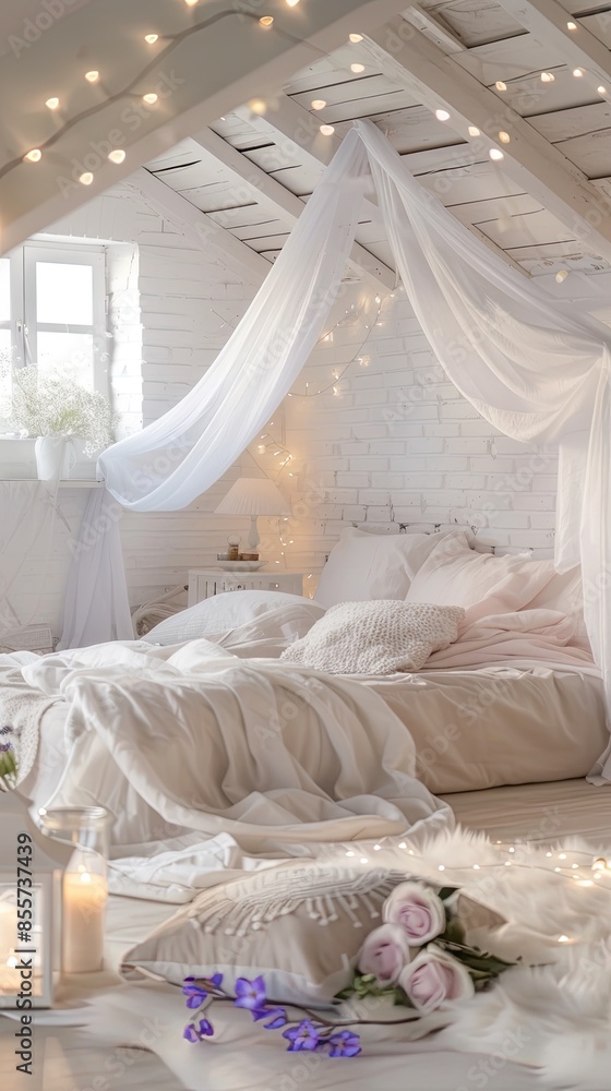 a modern bedroom with a white brick wall, featuring a fluffy blanket on the bed, a small table adorned with decorative lights and flowers in a vase, with a night lamp glowing near the door. a modern bedroom with a white brick wall, featuring a fluffy blanket on the bed, a small table adorned with decorative lights and flowers in a vase, with a night lamp glowing near the door.