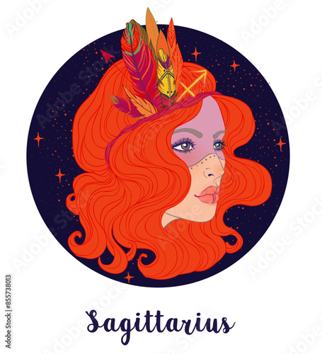 Illustration of Sagittarius astrological sign as a beautiful girl. Zodiac vec...
