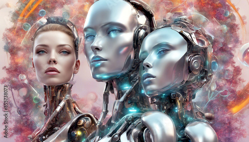 Drei Reinforcement Learning humanoide, autonome Ki - Roboter. Zwei mit metallischer 