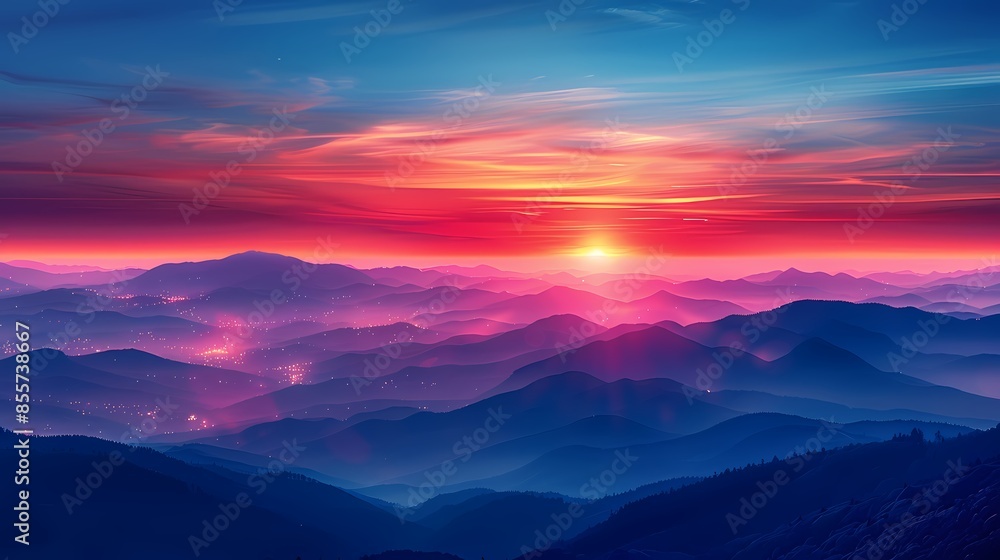 Fototapeta premium Red and blue gradient sky mountains illustration poster background