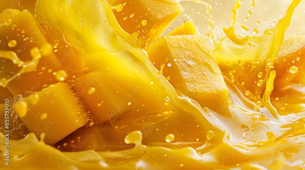 mango in juice splash isolated on a white background. 
