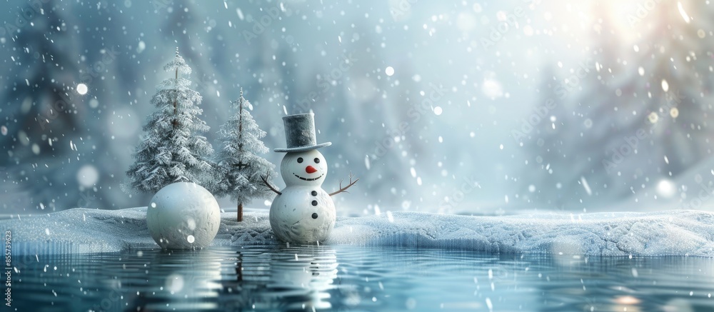 Fototapeta premium Snowman on Frozen Lake with Three Tree Isolated on pastel background. with copy space image. Place for adding text or design