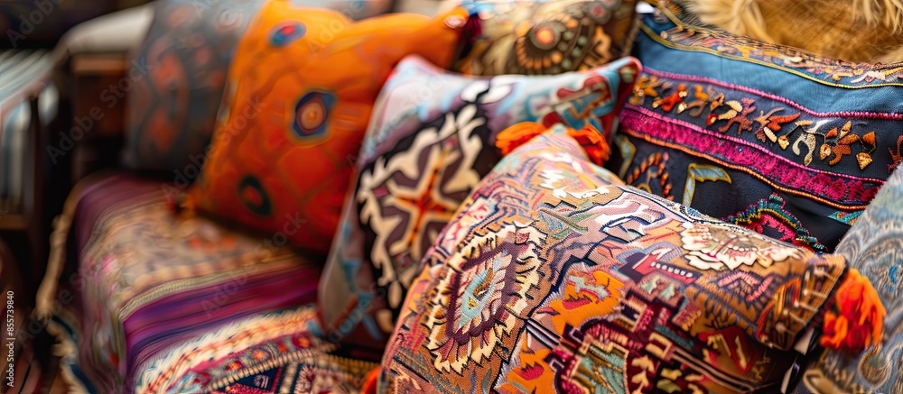 Fototapeta premium Close up detail of decorative throw pillows. with copy space image. Place for adding text or design