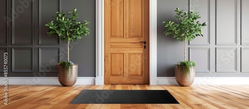 Black mat near wooden door ...