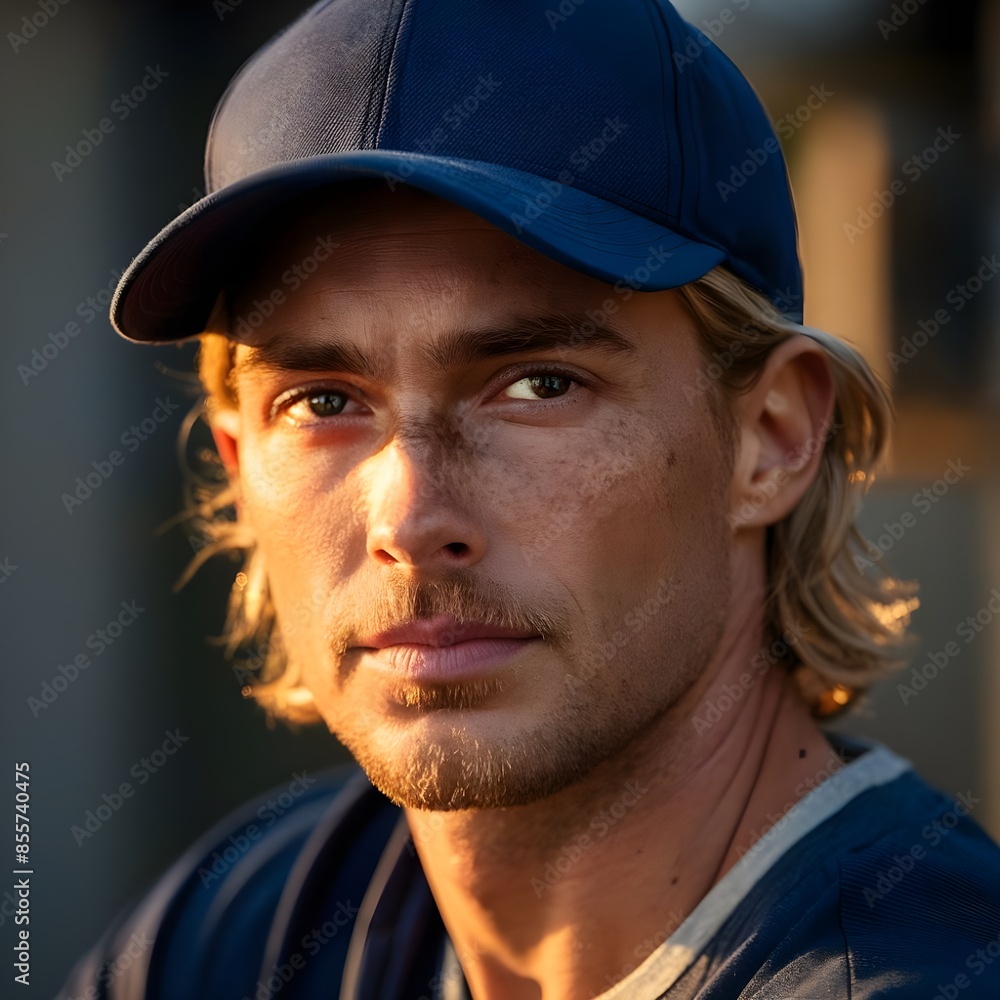 Fototapeta premium A closeup of a blond man with freckles and a slight stubble, wearing a blue baseball cap, realistic sunlight on the face and highly detailed eyes.
