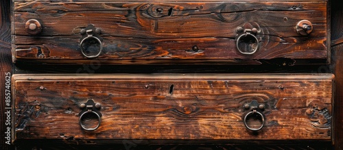 Detail of wooden furniture cabinet chest with drawers front, metal handles, vintage style. with copy space image. Place for adding text or design