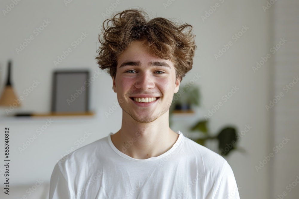 Portrait of a joyful caucasian man in his 20s smiling at the camera isolated on minimalist or empty room background Portrait of a joyful caucasian man in his 20s smiling at the camera isolated on minimalist or empty room background