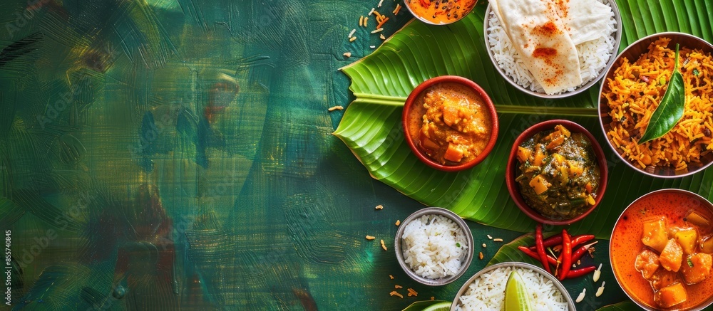 meals served on banana leaf, traditional south indian cuisine. Copy space image. Place for adding text or design