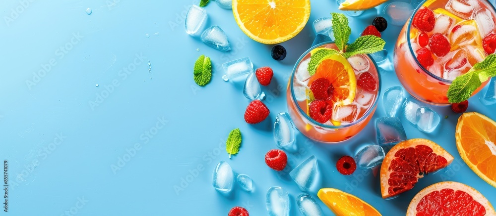 Tropical fruit summer coctail with red grapefruit, berries and ice on blue background. Minimal cold drink layout. with copy space image. Place for adding text or design Tropical fruit summer coctail with red grapefruit, berries and ice on blue background. Minimal cold drink layout. with copy space image. Place for adding text or design