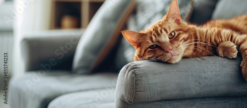 Cute red cat lying on grey ...