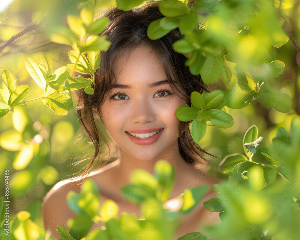 Radiant Smiling Woman Surrounded by Lush Green Foliage in a Sunlit Garden with Nature and Happiness in Perfect Harmony Captured in a Beautiful Close up Portrait Radiant Smiling Woman Surrounded by Lush Green Foliage in a Sunlit Garden with Nature and Happiness in Perfect Harmony Captured in a Beautiful Close up Portrait