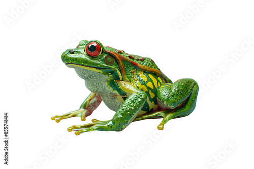 A vibrant green and yellow tree frog with red eyes, isolated on a transparent background, perfect for wildlife-themed designs, nature illustrations, and amphibian graphics.