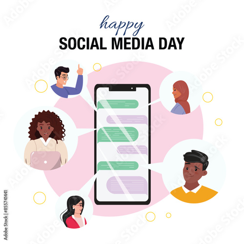 Large smartphone displaying a conversation with diverse people around it, celebrating Happy Social Media Day

I