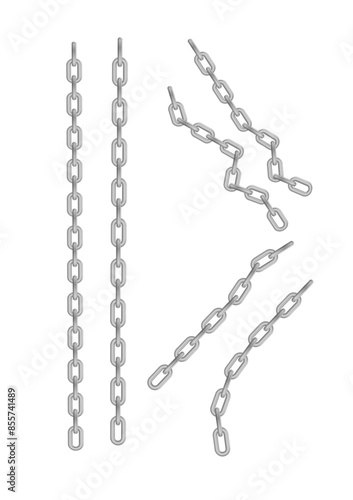 Free metal chain with whole or break steel chrome links. Collection of seamless metal chains colored silver. Vector