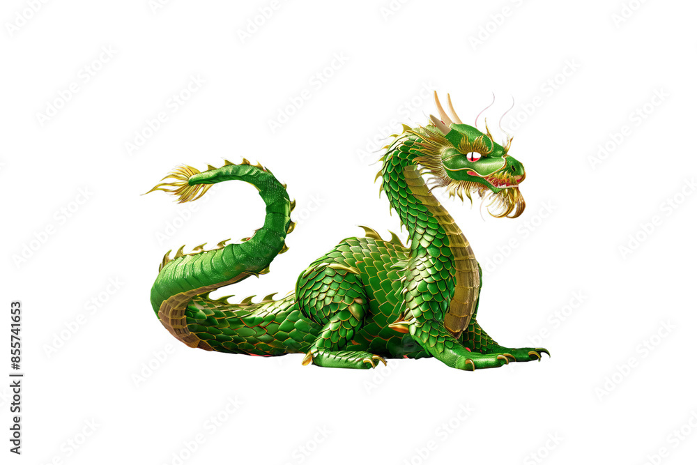 Obraz premium A fierce green dragon with intricate scales and sharp claws, isolated on a transparent background, ideal for fantasy-themed designs, mythical illustrations, and adventure graphics.