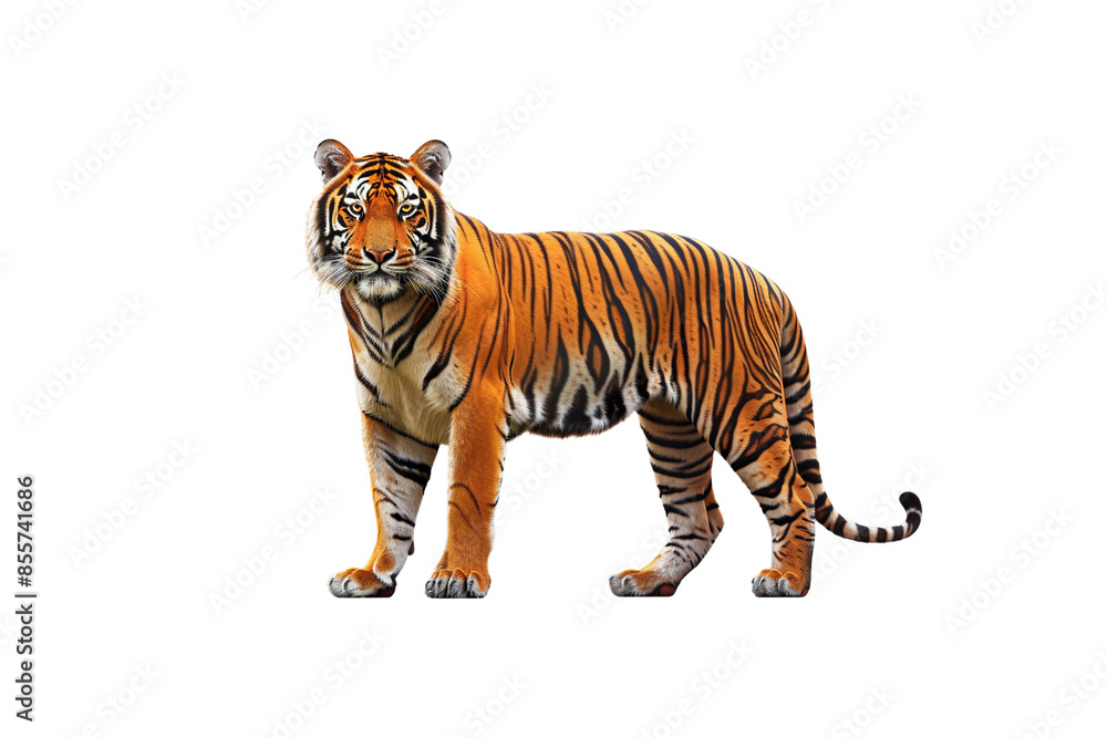 Obraz premium A majestic tiger standing with a powerful posture, isolated on a transparent background, perfect for wildlife-themed designs, educational graphics, and animal illustrations.