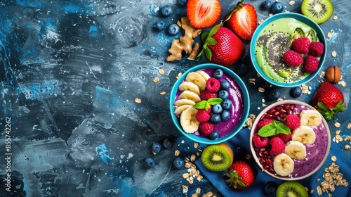 Assortment of Colorful Smoothie Bowls with Fresh Fruit