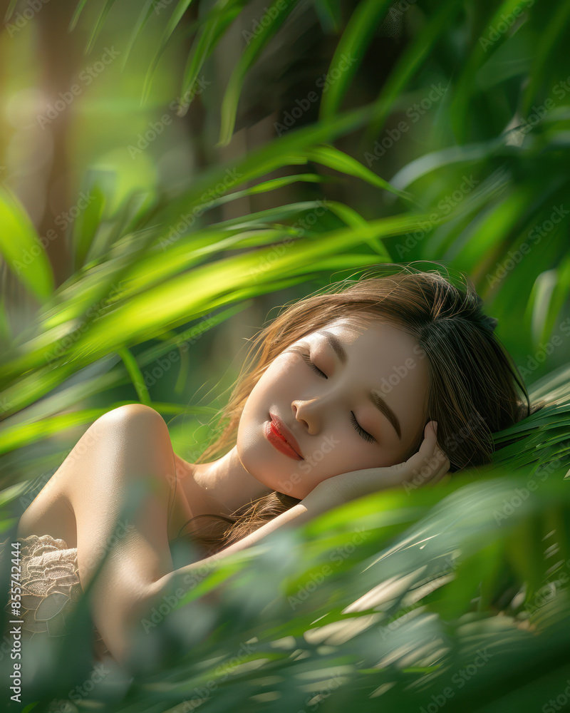 Serene Woman Sleeping in Lush Green Tropical Jungle Background with Sunlight Filtering Through Leaves Soothing and Peaceful Nature Photography Serene Woman Sleeping in Lush Green Tropical Jungle Background with Sunlight Filtering Through Leaves Soothing and Peaceful Nature Photography