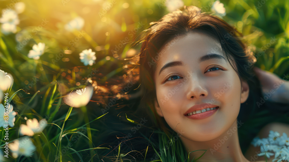 Serene Young Woman Lying in a Meadow of Wildflowers at Sunset, Radiating Tranquility and Happiness, Surrounded by Nature's Beauty, with Soft Sunlight Creating a Warm and Peaceful Atmosphere Serene Young Woman Lying in a Meadow of Wildflowers at Sunset, Radiating Tranquility and Happiness, Surrounded by Nature's Beauty, with Soft Sunlight Creating a Warm and Peaceful Atmosphere