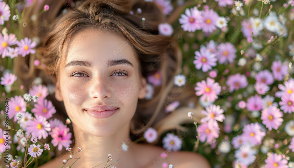 Tranquil Beauty Lying in a Meadow of Pink Daisies A Portrait of Serene Natural Elegance Among Vibrant Spring Flowers Capturing Peaceful and Blissful Moments of Youthful Radiance and Nature Harmony Tranquil Beauty Lying in a Meadow of Pink Daisies A Portrait of Serene Natural Elegance Among Vibrant Spring Flowers Capturing Peaceful and Blissful Moments of Youthful Radiance and Nature Harmony