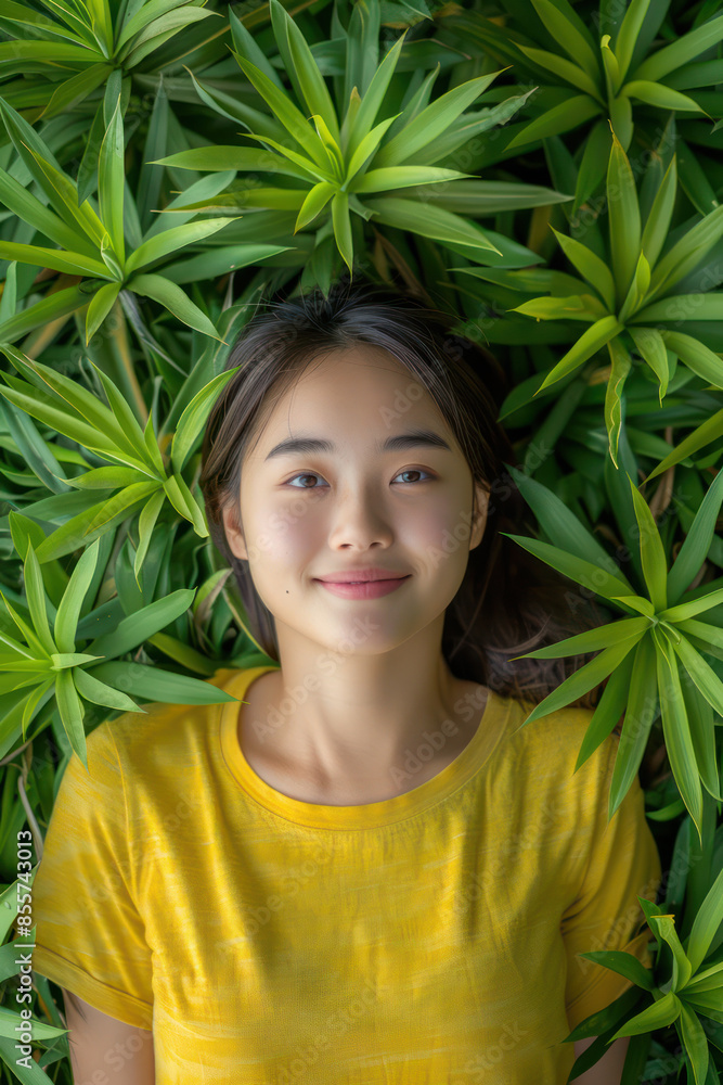 Tranquil Youthful Woman Smiling While Lying on Green Foliage in a Lush Garden Setting for Nature and Serenity Inspiration, Portrait of Contentment and Natural Beauty in a Peaceful Environment Tranquil Youthful Woman Smiling While Lying on Green Foliage in a Lush Garden Setting for Nature and Serenity Inspiration, Portrait of Contentment and Natural Beauty in a Peaceful Environment