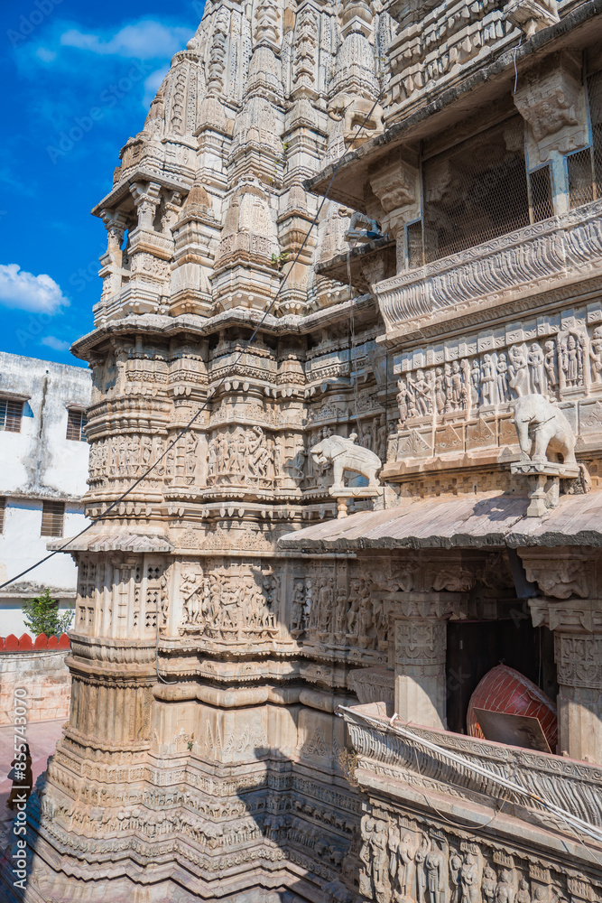 A stone carving of an elephant depicted on the exterior of Jagish Hindu Temple, Udaipur, Rajasthan, India A stone carving of an elephant depicted on the exterior of Jagish Hindu Temple, Udaipur, Rajasthan, India