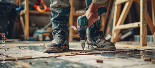 Worker with electric drill ...