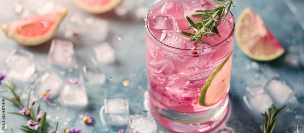 Refreshing pink drink or cocktail with ice, garnished with a slice of lime and rosemary. Copy space image. Place for adding text or design Refreshing pink drink or cocktail with ice, garnished with a slice of lime and rosemary. Copy space image. Place for adding text or design