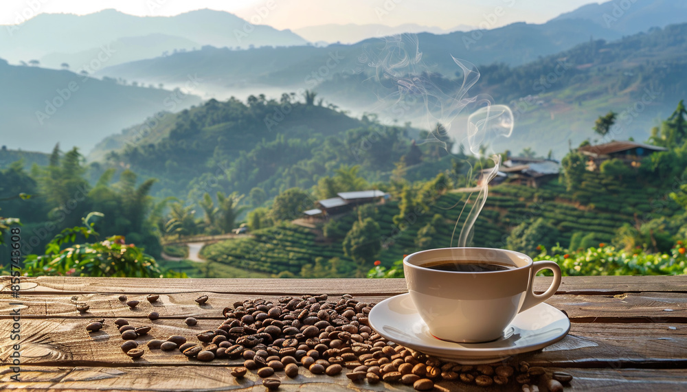 cup of coffee with a view of a beautiful green mountain landscape cup of coffee with a view of a beautiful green mountain landscape