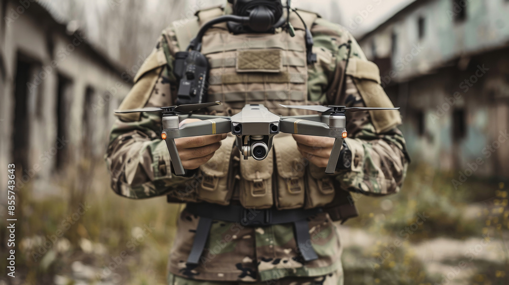 Fototapeta premium military man in uniform holding a drone. military conflict modern types of weapons