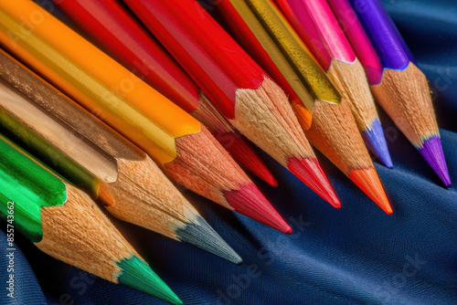 Colorful Pencils on Blue Fabric