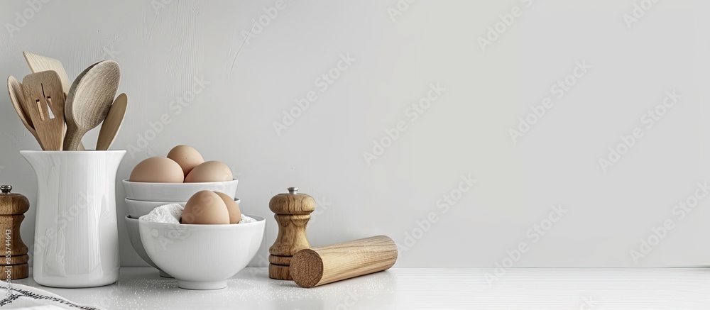Kitchen background for mockup with eggs, rolling pin, bowls for cooking and baking utensils on the table on white background. Blank space for a text, home kitchen decor concept, front view.