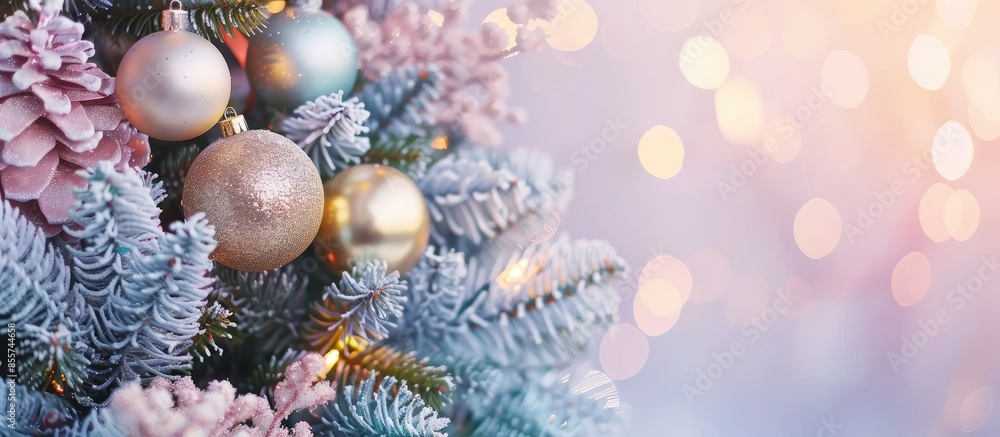 Beautiful background decorated Christmas tree with toy balls and garlands.The idea for postcards. Soft focus. Shallow DOF. with copy space image. Place for adding text or design Beautiful background decorated Christmas tree with toy balls and garlands.The idea for postcards. Soft focus. Shallow DOF. with copy space image. Place for adding text or design