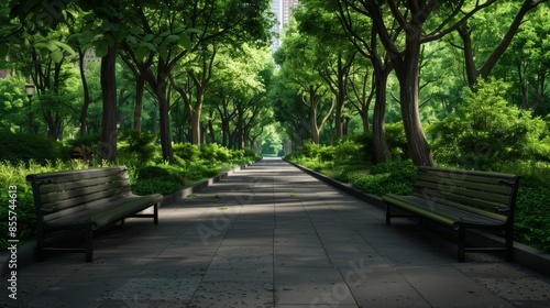 Two benches on a paved path lined with trees in a lush green park.