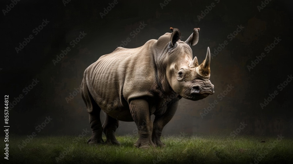 White rhinoceros standing in a field, dark background White rhinoceros standing in a field, dark background