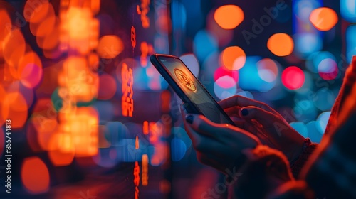 Dynamic photograph of a person using a smartphone with a blurred Bitcoin background, suggesting the possibility of falling victim to mobile-based cryptocurrency scams and fraudulent apps