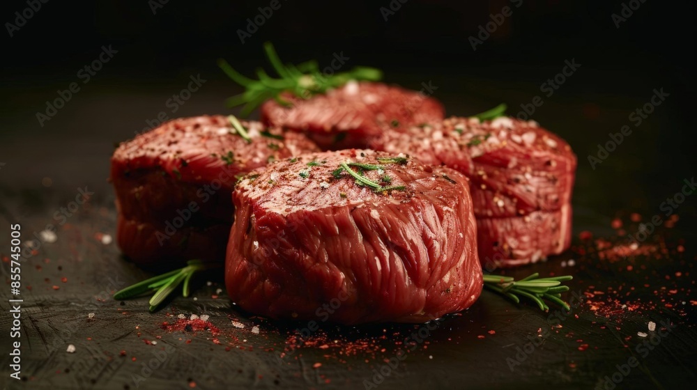 Close-up of raw beef tenderloin medallions seasoned with salt, pepper, and rosemary. Close-up of raw beef tenderloin medallions seasoned with salt, pepper, and rosemary.