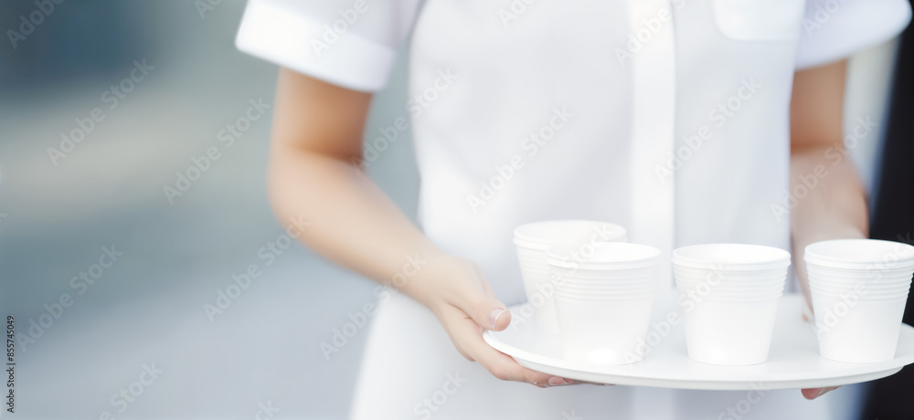 Caterer Holds a Tray of White Disposable Cups, Perfect for Serving Beverages at Events and Gatherings. Ready to Refresh Caterer Holds a Tray of White Disposable Cups, Perfect for Serving Beverages at Events and Gatherings. Ready to Refresh