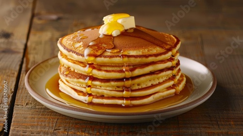 Stack of fluffy pancakes drizzled with syrup and a pat of butter.