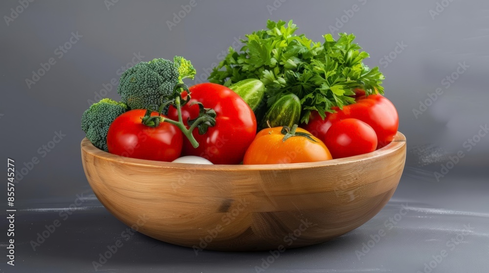 Fresh vegetables in a wooden bowl on a gray background. Fresh vegetables in a wooden bowl on a gray background.