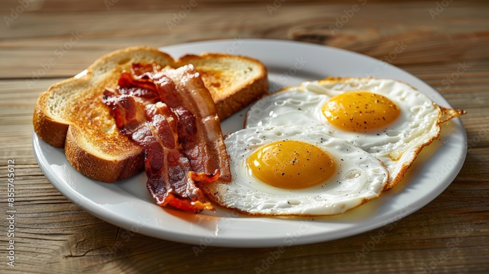custom made wallpaper toronto digitalClassic breakfast of two fried eggs, bacon and toast on a white plate.