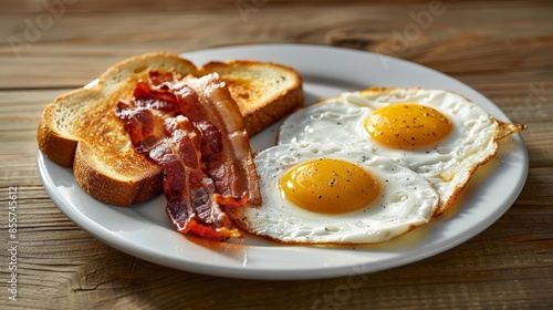 Classic breakfast of two fried eggs, bacon and toast on a white plate.