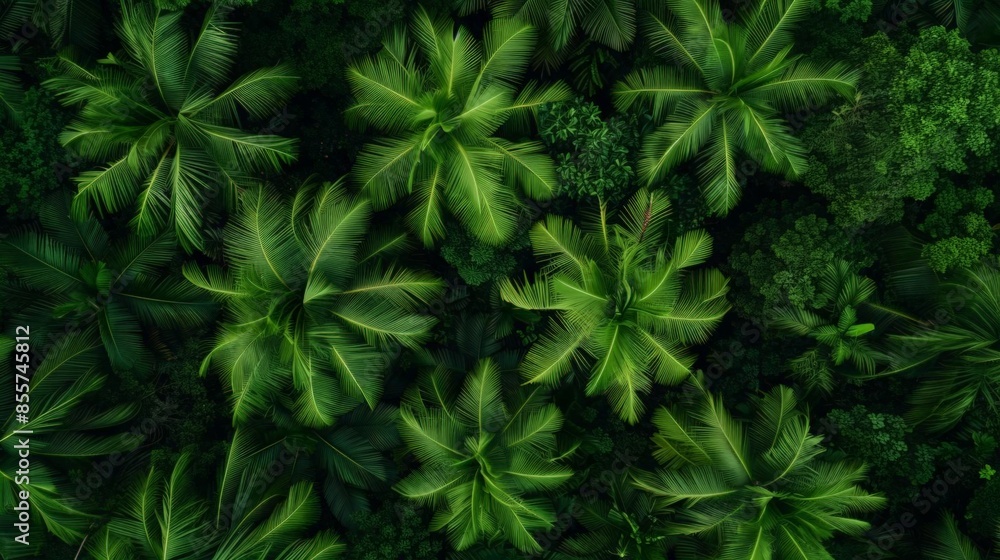 Aerial view of lush green tropical palm trees and foliage, creating a vibrant natural pattern in a dense forest canopy. Aerial view of lush green tropical palm trees and foliage, creating a vibrant natural pattern in a dense forest canopy.