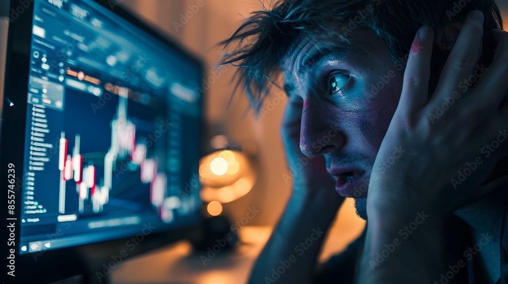 A conceptual image depicting a person looking distressed while staring at a computer screen showing a fraudulent cryptocurrency exchange website, symbolizing falling victim to a Bitcoin scam A conceptual image depicting a person looking distressed while staring at a computer screen showing a fraudulent cryptocurrency exchange website, symbolizing falling victim to a Bitcoin scam