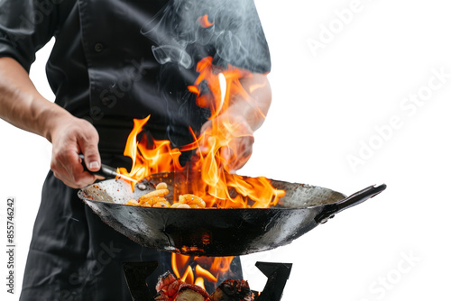 Chef in white uniform stir-frying vegetables in wok with high flames, isolated on white background. Close-up of man cooking in wok with flambe technique photo