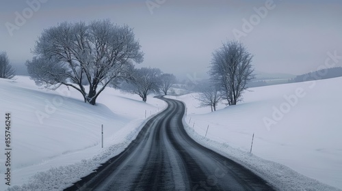 A winding road through a snowy landscape with bare trees on either side.