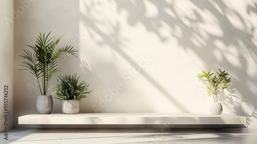 Empty product placement stage with natural light and plant shadow on white wall. Summer background mockup for beauty, spa and cosmetic showroom. Minimal home table platform in neutral tone.