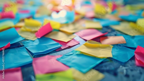 Close-up of sticky notes scattered across a table, each embodying a unique thought or concept photo