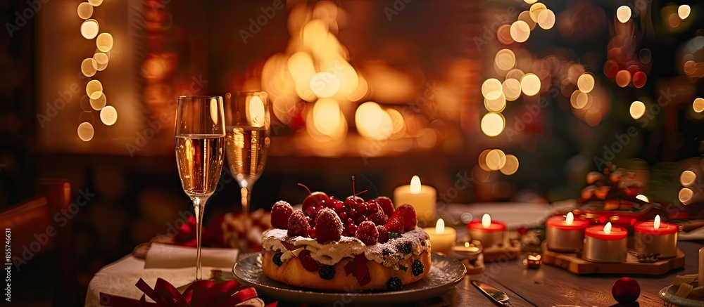 Cozy photo of dinner table set with freshly baked Christmas cake, burning candles, xmas lights as decoration and tall glasses filled with champagne against blurred background of burning fireplace Cozy photo of dinner table set with freshly baked Christmas cake, burning candles, xmas lights as decoration and tall glasses filled with champagne against blurred background of burning fireplace